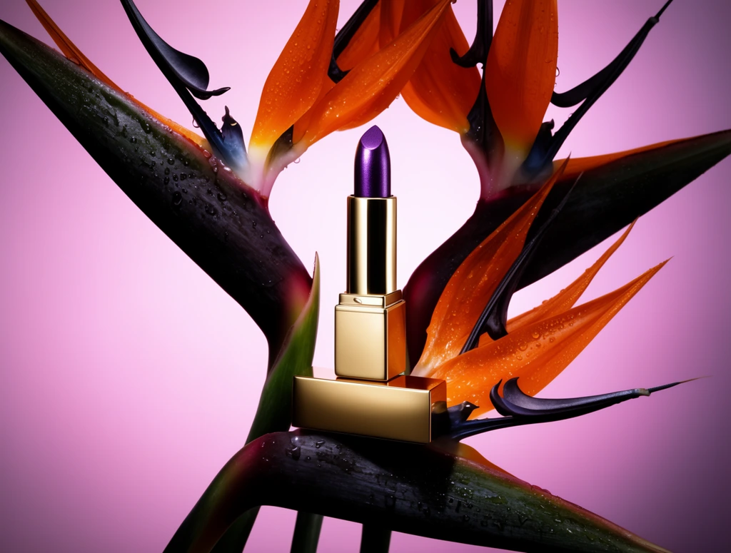 Deep purple metallic lipstick resting on its rectangular gold cap, intertwined with dark Bird of Paradise flowers, orange and black petals, green stems, water droplets on petals, sharp reflections on gold casing, smooth pink to lavender gradient background, high-end product photography, dramatic studio lighting