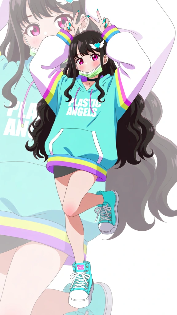 An anime-style girl with long dark hair and thin braids strikes a playful pose against a white background featuring a larger, faded duplicate of herself. The girl has large pink eyes, a subtle blush, and a pale green mask pulled down under her chin, while a small heart-shaped clip sits in her bangs. She wears an oversized turquoise hoodie with voluminous white sleeves and horizontal stripes of yellow, pink, and purple at the cuffs and bottom hem. Across the chest of the hoodie, the words "PLASTIC ANGELS" are printed in bold, white, sans-serif capital letters. Her hands are raised near her head, showcasing long light blue nails, with her right hand forming a peace sign over her eye. She stands on her right leg with her left leg bent back, wearing matching turquoise high-top sneakers with white laces, thick white soles, and a small black and white tag on the tongue that also reads "PLASTIC ANGELS". The background consists of a solid white space occupied by a desaturated, semi-transparent version of the same character that fills most of the frame behind her. The illustration utilizes clean line art and vibrant cel-shading, characterized by a bright pop-art color palette and even lighting that emphasizes the saturated turquoise and magenta tones. The full-body composition is presented from a straight-on perspective, capturing the subject's dynamic and stylized posture.