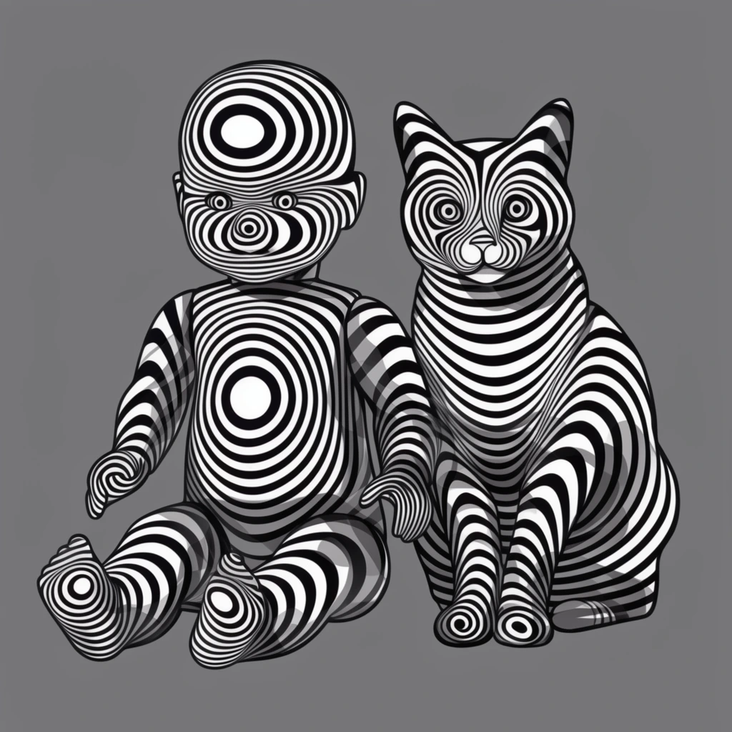 An op-art illustration of a doll next to a cat, both rendered entirely in hypnotic, undulating black and white stripes against a solid, uniform medium gray background. The doll and the cat are positioned side-by-side, their physical forms defined completely by high-contrast, vector-like black contour lines over white. The bold stripes continuously curve, warp, and taper across their bodies to create a powerful illusion of three-dimensional volume and topological depth. Tight concentric circles and converging spiral patterns form distinct focal points such as the eyes and rounded contours of both figures. Subtle layers of overlapping translucent gray shadow shapes integrate directly into the striped patterns, enhancing the spatial relationship between the overlapping limbs and silhouettes. The sharply edged graphic subjects float centrally within the flat, untextured gray space, relying entirely on the optical vibration of the precise, shifting stripe patterns to articulate their anatomy and posture.