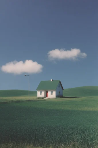 Liminal Surrealist Pastoral style reference image — saturated blue sky