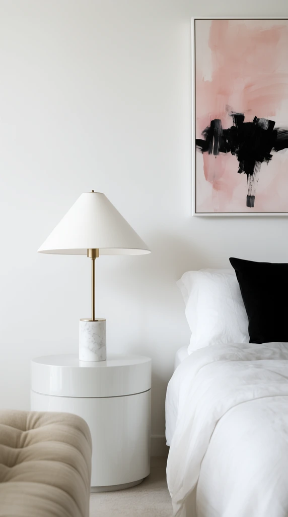 A sleek brass lamp with a white cone shade and cylindrical marble base rests on a glossy white cylindrical nightstand in a minimalist interior. Beside it, a bed dressed in white linens features a black accent pillow beneath a framed abstract painting of blush pink washes and bold black brushstrokes. The lower left foreground reveals a beige tufted sofa edge. Soft diffused lighting casts delicate shadows against the stark white wall, emphasizing clean geometry and contemporary textures.