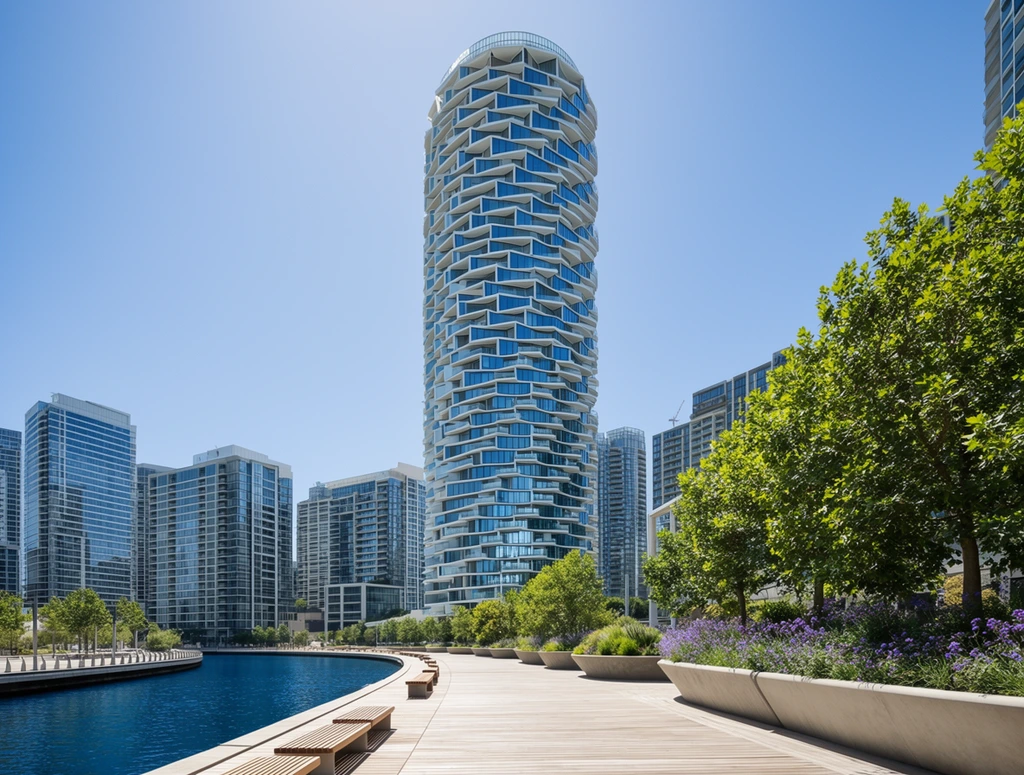 A towering cylindrical skyscraper with a textured facade of staggered geometric balconies dominates a modern waterfront skyline. The central tower features a repeating pattern of white protruding terraces and blue glass windows creating a stepped, helical exterior. It rises above a wide, light-toned wooden boardwalk curving along a deep blue canal lined with minimalist slatted wooden benches. Beside the promenade, curved concrete planters overflow with vibrant green trees and purple flowers. A dense cluster of rectilinear glass-and-steel high-rises fills the background. Captured in a wide-angle architectural photography style, the composition emphasizes the central tower's extreme verticality against a clear, cloudless blue sky. Bright midday sunlight casts sharp shadows, contrasting cool blue glass reflections with warm wood and lush foliage.