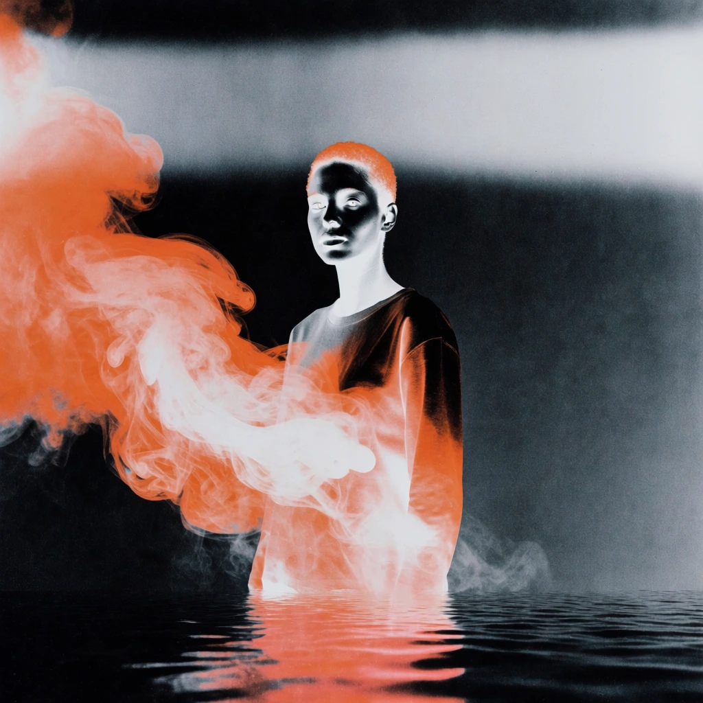A stylized, high-contrast portrait depicts a person with short hair standing against a dark, textured background while partially merged with a large, billowing plume of orange and white smoke. The central figure is rendered with solarized effects, where the face and body display stark white highlights against deep black shadows. The person faces slightly toward the left but gazes directly forward, their features defined by bright light on the forehead, nose, and cheek. A massive, textured cloud of vibrant orange and white flows from the left side of the frame, blending into the figure's torso and lower body. Below the subject, a dark, rippling surface, similar to water, catches the reddish-orange glow from the smoke above. The upper portion of the composition features a horizontal band of hazy, light grey that contrasts with the deep black and dark grey tones of the grainy background. The overall aesthetic is cinematic and experimental, characterized by a vertical orientation, a high-contrast lighting scheme, and a limited color palette consisting of black, grey, white, and intense orange.