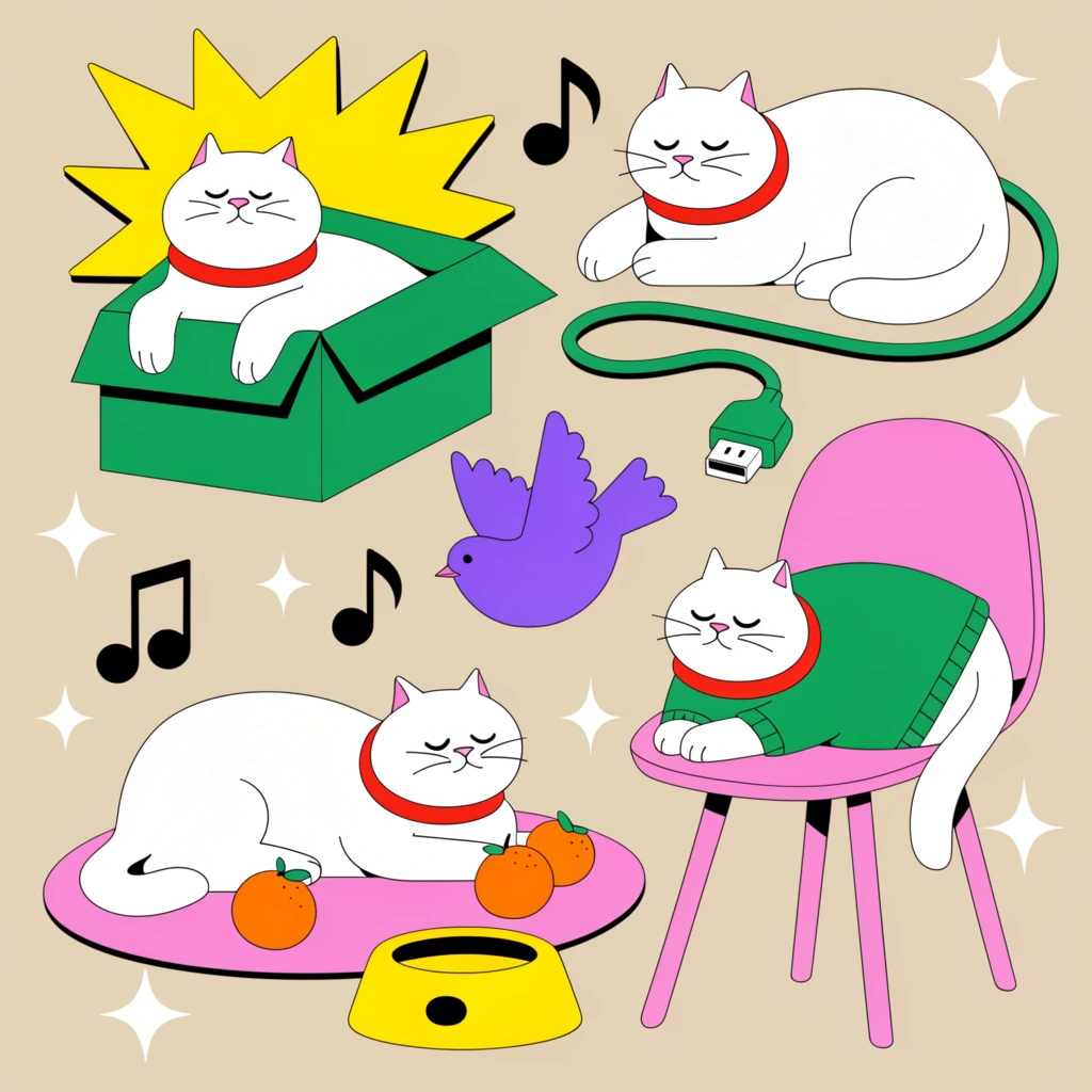 vector pop art collage on beige background, chunky white cats with red collars, cat in green box with yellow starburst, sleeping cat near green charging cable, resting cat on pink rug with orange fruit, sleeping cat in green sweater on pink chair, scattered purple bird, yellow pet bowl, black musical notes, white sparkles, bold black outlines, flat vibrant colors