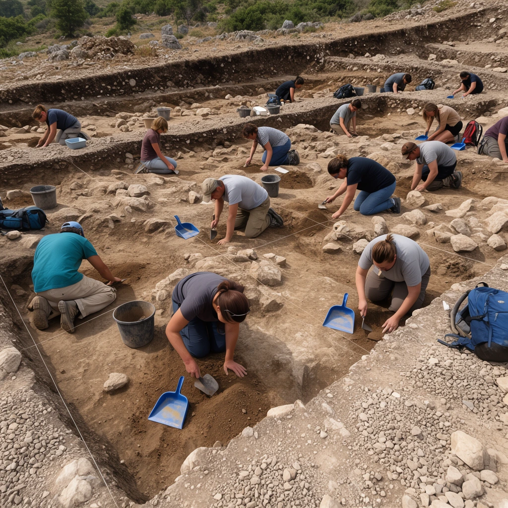 archaeological excavation site, team of people kneeling in dusty trenches, meticulously digging with hand tools and blue dustpans, uneven rocky soil and loose gravel, scattered buckets and backpacks, string lines marking grid sections, hillside terrain, bright daylight, wide documentary photography