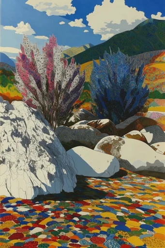 Graphic Maximalist Tapestry style AI image example 2