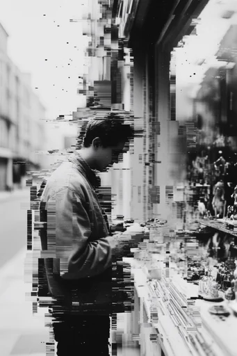 Monochrome Glitch Noir style reference image — monochrome glitch art