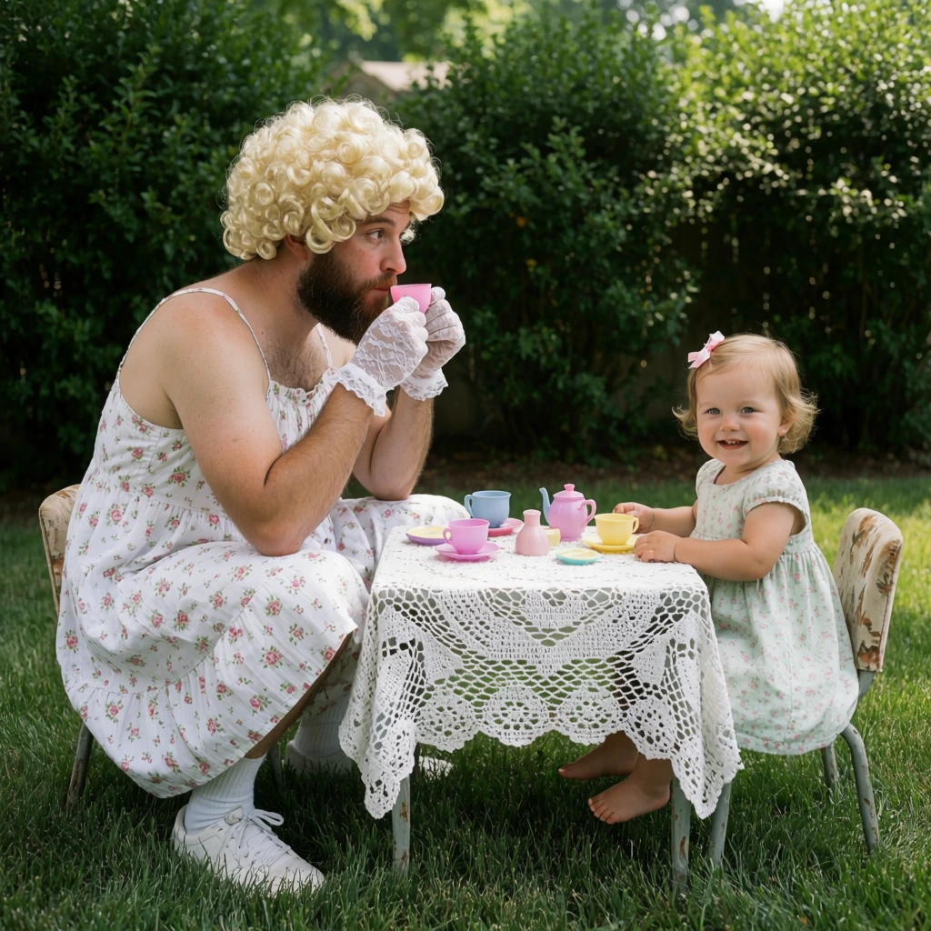 A bearded man wearing a curly blonde wig, white floral sundress, and lace gloves sits on a small chair, delicately sipping from a tiny pink plastic teacup. Opposite him, a barefoot toddler girl in a pale green floral dress and pink bow smiles at the camera. They share a small table covered in a white crocheted lace tablecloth set with toy tea items. The outdoor scene is set on a grassy lawn backed by dense green bushes. Captured in bright natural daylight, this candid photograph highlights the humorous juxtaposition of the subjects.