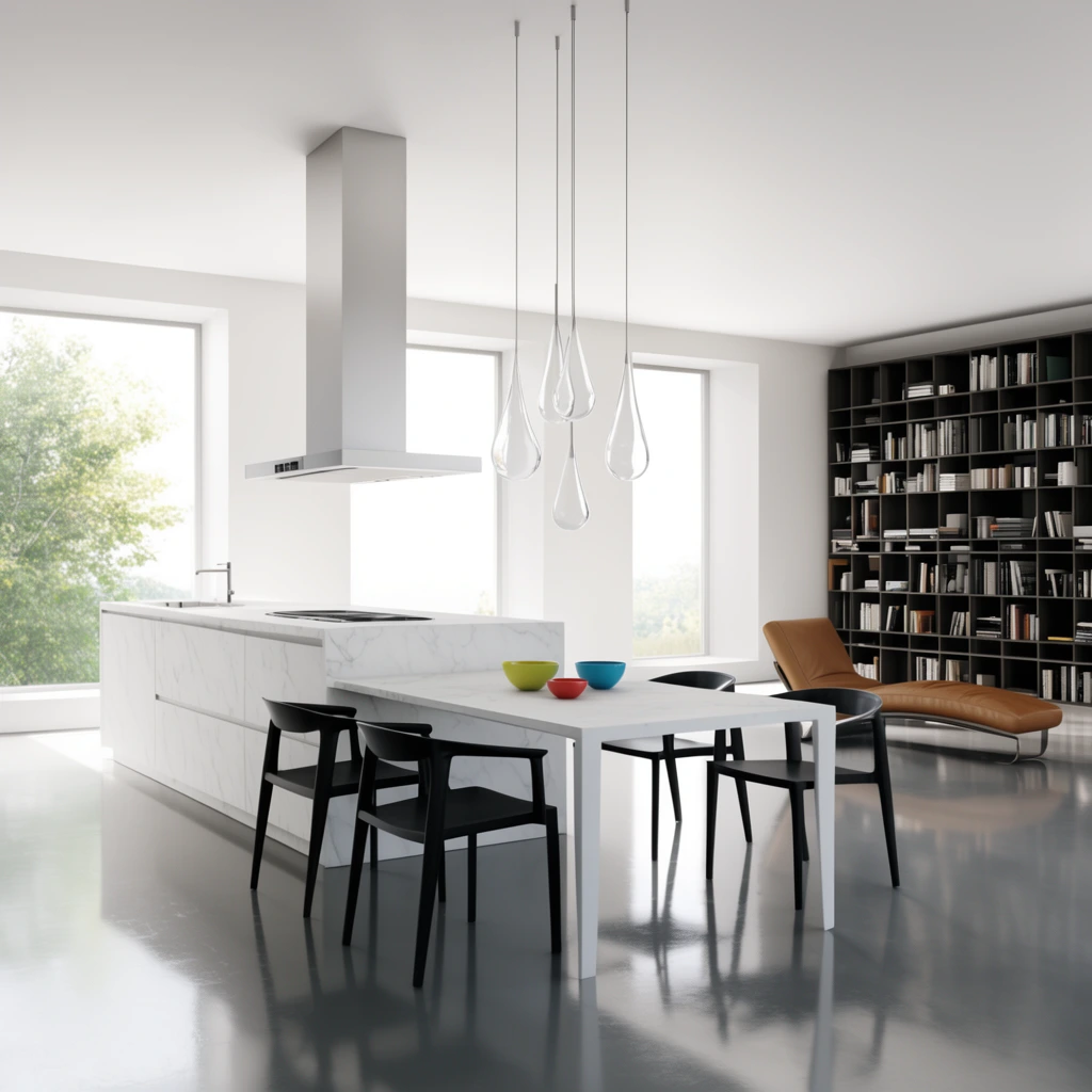 A minimalist kitchen featuring a white marble island extending into a dining table with five black chairs. Teardrop pendants hang above colorful bowls. A dark floor-to-ceiling bookshelf and tan leather chaise fill the background. Bright daylight from large windows illuminates reflective grey floors in this photorealistic architectural interior.