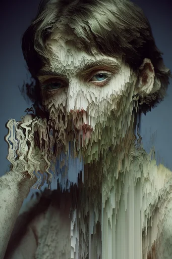 Cybernetic Glitch Surrealism style reference image — stark chiaroscuro lighting