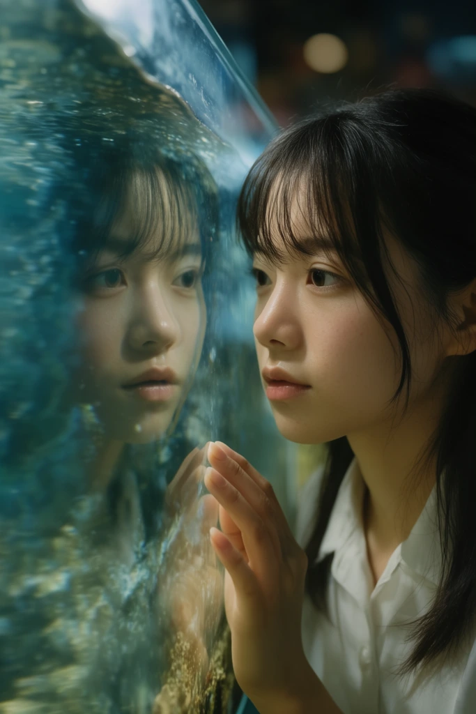 Young East Asian woman gazing intently into a glass aquarium, face clearly reflected on the transparent surface, wearing a white collared shirt, dark hair with wispy bangs, right hand gently touching the glass, reflection capturing her features against rippling blue-green water texture, cinematic portrait photography, shallow depth of field, blurred dimly lit background with soft bokeh, cool lighting contrasting with warm skin tones, highly detailed reflection