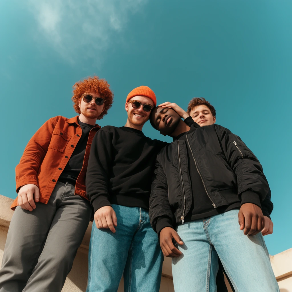 Four young men look directly down at the camera from an extreme low-angle perspective against a vibrant blue sky. The leftmost man has curly red hair, sunglasses, a rust-orange overshirt, and grey trousers. Beside him, a smiling man in an orange beanie, sunglasses, a black sweatshirt, and blue jeans rests his hand on the head of a third man. This central figure has dark skin, a serene expression with closed eyes, a black bomber jacket, and light blue jeans, while a fourth man peeks from behind. They stand tightly clustered on a light-colored ledge. Bright, direct sunlight creates sharp shadows, highlighting the wide-angle camera distortion and the striking color contrast between the warm earthy tones of their clothing and the expansive teal sky.