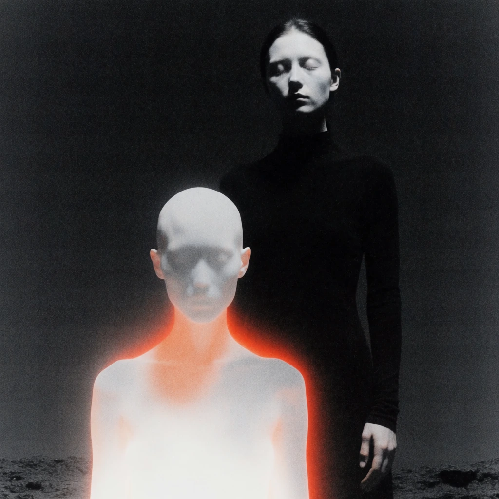 A surreal, grainy portrait features a translucent, glowing pale figure in the foreground and a dark, stoic human figure standing behind it against a black background. In the lower half of the frame, a hairless humanoid form with smooth, indistinct facial features appears to glow from within, radiating a bright white light that transitions into a vibrant orange-red halo along its neck and shoulders. Standing behind and to the right is a second person with closed eyes and dark hair, whose pale face is softly illuminated from above, casting shadows across their features. This background figure is dressed in a dark, form-fitting long-sleeved garment that merges with the surrounding blackness, with one hand visible resting near their side. The environment is sparse, consisting of a dark, grainy void with a rough, textured surface resembling rocky ground at the very bottom edge. The overall aesthetic is defined by a heavy, gritty noise texture and high-contrast lighting, creating a monochromatic scene punctuated only by the warm orange glow. The composition utilizes a vertical framing that layers the two subjects, emphasizing a sense of depth and ethereal presence through its lo-fi, experimental photography style.