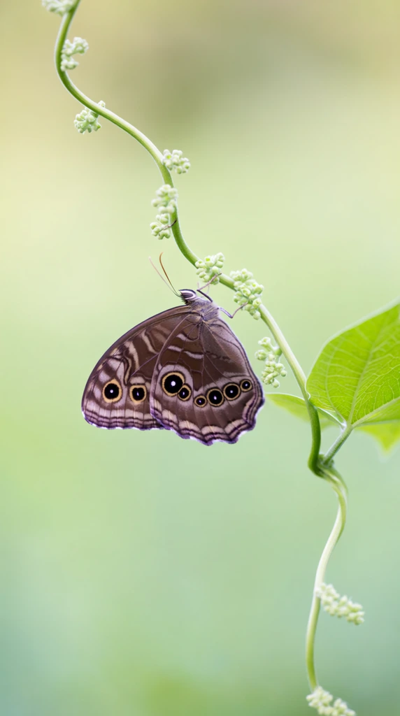 A macro photograph of a patterned brown butterfly clinging to a slender, curving green vine. The folded wings display a scalloped lower edge tinged with dark purple, pale yellowish spots, and a prominent black eyespot ringed in yellow with a white center. The undulating stem features clusters of small pale green buds and a single broad, veined leaf on the right. A creamy, shallow depth-of-field background of smooth pastel green and yellow-green bokeh isolates the sharply focused insect in soft, natural light.