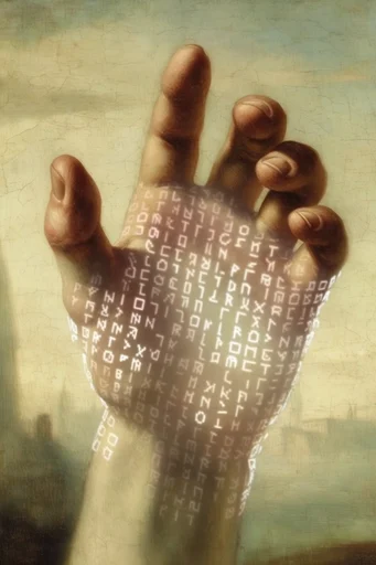 Digital Renaissance Glitch style reference image — chiaroscuro lighting