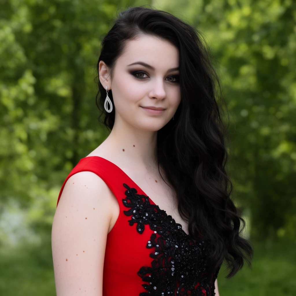 Portrait of a young woman, long wavy dark hair swept over one shoulder, vibrant red sleeveless dress, black lace and sequin appliques on bodice, silver teardrop earrings, pale skin with natural moles on arm and chest, subtle smile, dark eye makeup, medium shot portrait photography, natural lighting, blurred background of lush green trees, shallow depth of field