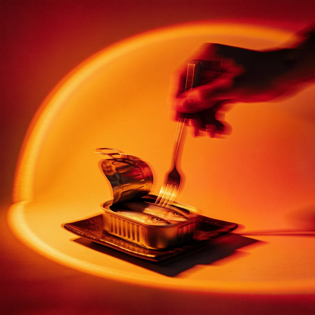 minimalist tabletop still life featuring an open tin of fish and a hand holding a fork, rendered with extreme motion blur and long-exposure trails, centered within a radiant saturated orange and crimson circular halo, high-contrast silhouettes against a deep red field, grainy film texture, moody editorial aesthetic, soft-focus dreamlike atmosphere, mimicking a sunset lamp projection, vibrant warm-toned color palette, abstract and cinematic composition.