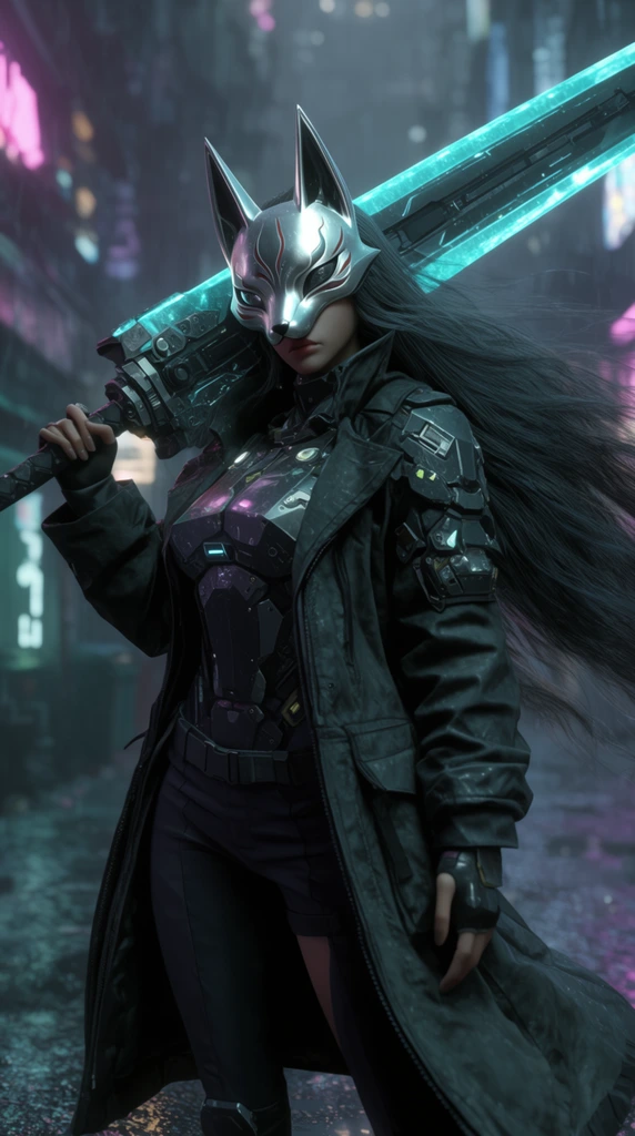 Female warrior, sleek metallic fox mask covering upper face, heavy dark futuristic trench coat, armored chest plate, holding massive glowing cyan broadsword over right shoulder, long flowing dark hair blowing in wind, dark neon-lit rain-slicked cyberpunk alleyway background, cinematic lighting, dramatic shadows, moody atmosphere, sharp focus, 3d render style, digital art