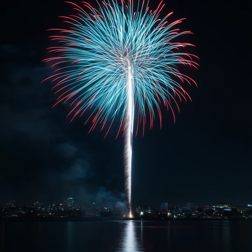 giant cyan and red firework burst, brilliant white vertical launch trail, dark night sky, distant illuminated city skyline, light reflecting on calm dark water, long exposure night photography, faint lingering smoke