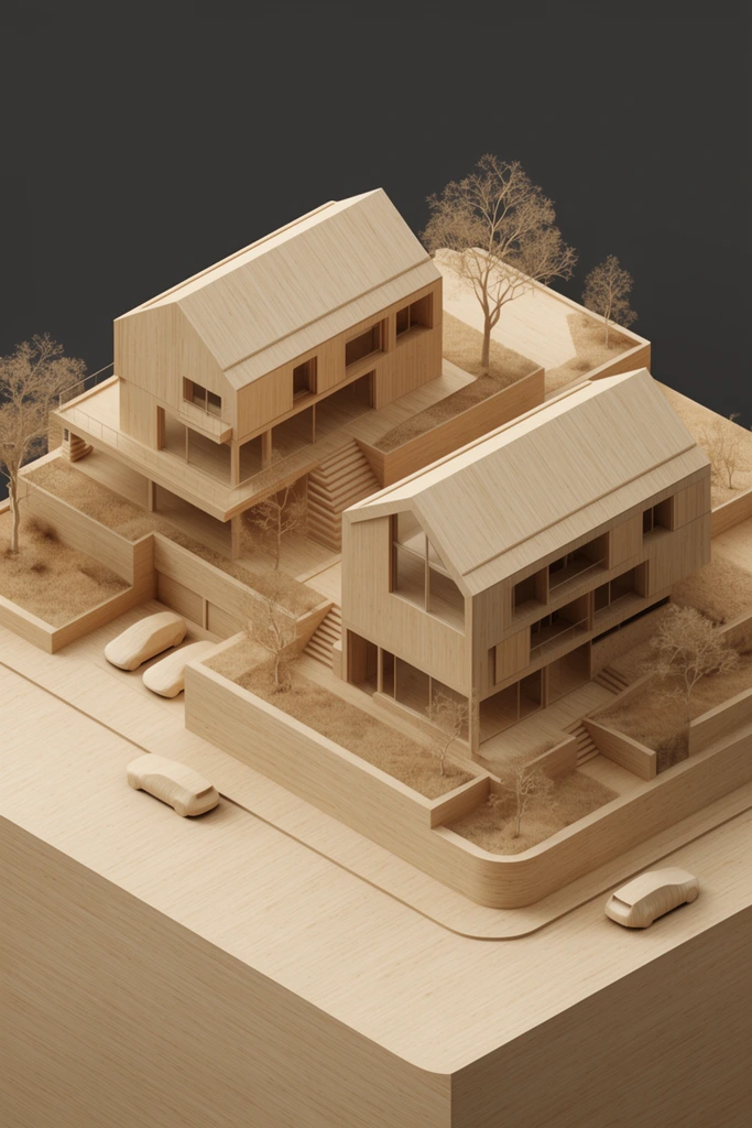 Isometric 3D architectural massing model rendered in uniform tan material resembling balsa wood. The complex features two pitched-roof buildings on terraced landscaping with retaining walls, stairs, minimalist trees, and abstract cars. Soft ambient lighting against a solid dark gray background.