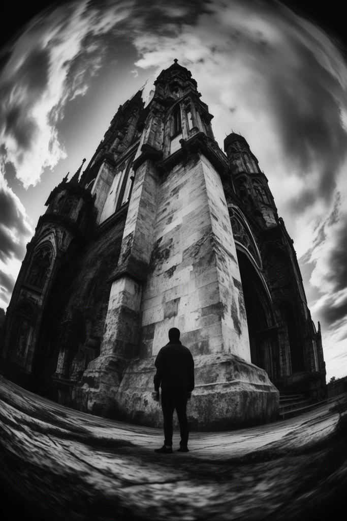 Monochrome Fisheye Monumentalism style AI image example 2