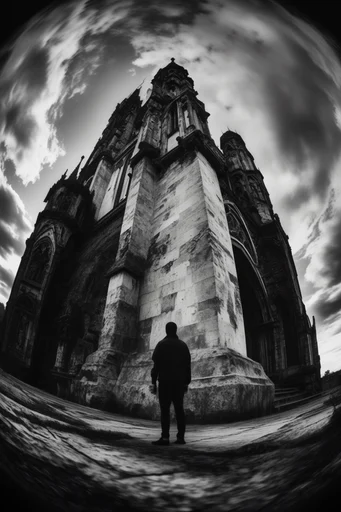 Monochrome Fisheye Monumentalism style reference image — worm's eye view