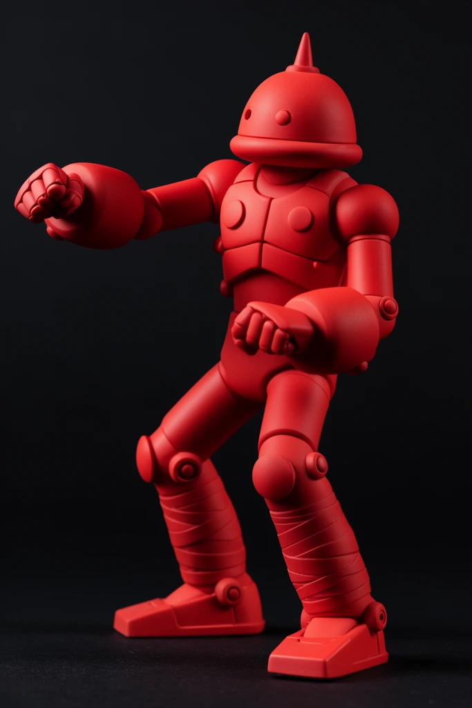 A monochromatic matte red robot figure in a dynamic fighting stance against a stark black background. The retro-futuristic character features a domed head with a small top horn, segmented chest armor, and bulky forearm gauntlets. Its left arm extends forward while the legs bend defensively, revealing subtle textural wrappings above flat mechanical boots. Dramatic side lighting highlights the smooth sculptural volumes and joint articulations of the physical prototype model.