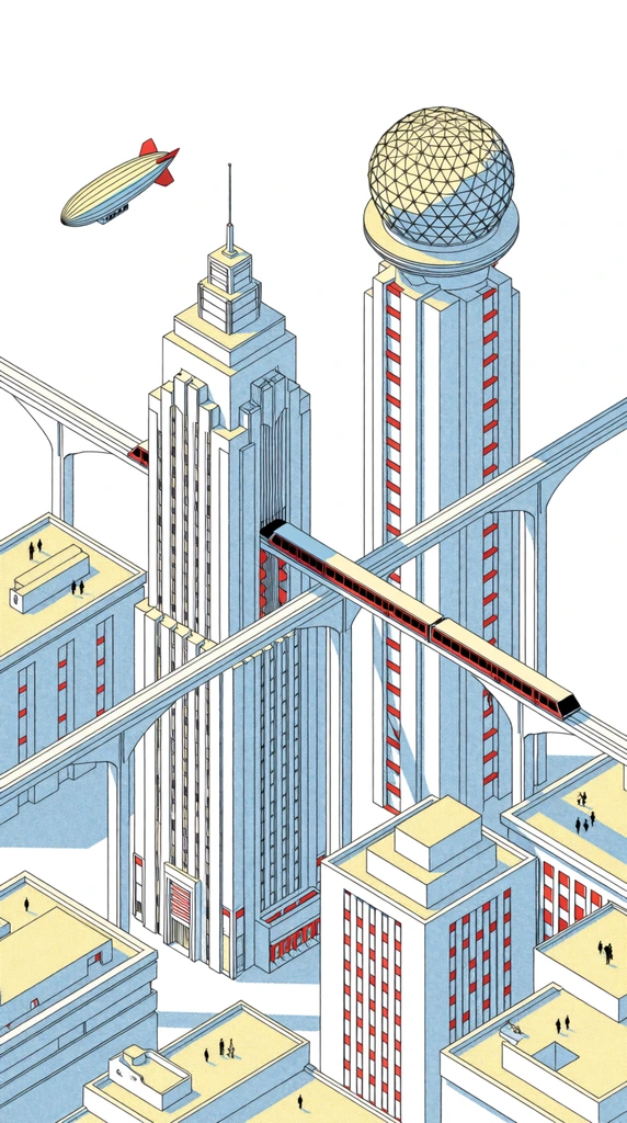 isometric retro-futuristic city illustration, art deco skyscrapers, elevated monorail intersecting a high-rise, geodesic dome on a tall tower, pale yellow rooftops, powder blue stippled shadows, red accents, zeppelin, tiny figures, clean architectural line art, minimalist technical drawing