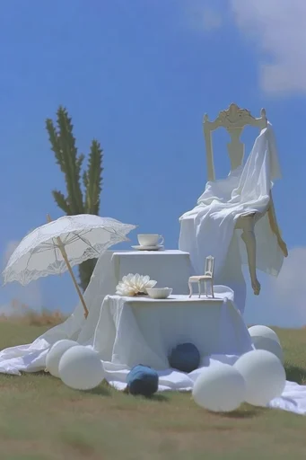 Ethereal Surreal Minimalism style reference image — bright cerulean sky