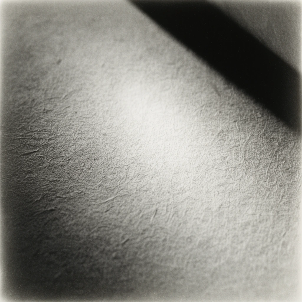 black and white macro photography of heavy fibrous paper, dramatic film noir lighting, harsh diagonal shadow slicing across the top right corner, bright soft-focus illumination centered on the textured surface, fine authentic film grain, vintage silver gelatin print aesthetic, minimalist abstract composition, stark monochromatic contrast, soft vignette edge