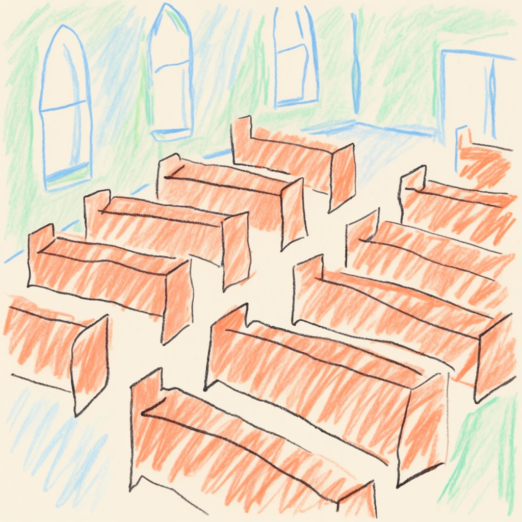 A naive, childlike colored pencil illustration of an interior with wooden pews arranged in rows. Long, blocky wooden benches feature loose, wobbly dark outlines filled with distinct, rapid coral orange scribbles. The pews sit askew in flat, staggered rows flanking a central aisle. Simple arched interior windows and structural lines are rendered alongside the pews using light blue and mint green crayon-like strokes. The interior space forms a sparse arrangement directly on a solid cream-colored paper base, utilizing the empty space as the floor and walls. The artistic execution features a primitive, hand-drawn aesthetic with flat two-dimensional perspective and disconnected spatial relationships. Colors appear as loose, back-and-forth diagonal hatched marks, extending beyond the wobbly outlines and leaving the underlying textured cream paper exposed.