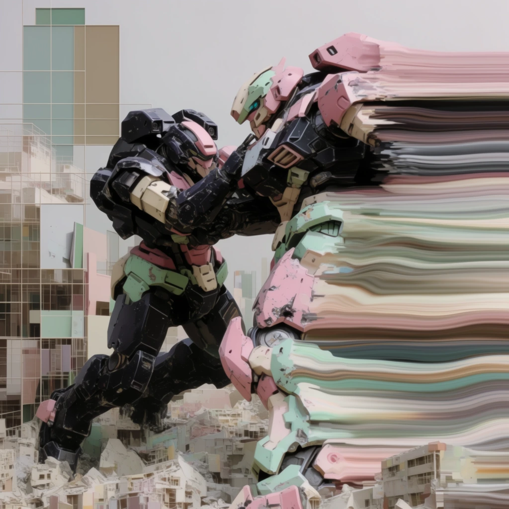 Two heavily armored mechs engage in close-quarters combat within city ruins, their forms undergoing a dramatic digital distortion where the right half of the scene smears into sweeping horizontal bands of color. The massive mechs feature thick, heavy plating rendered in a stark palette of deep obsidian, soft blush pink, pale mint green, and cream. They are locked in a tense, dynamic physical clash, with heavy metallic limbs colliding. The surrounding city ruins on the left side of the frame consist of minimalist, geometric structural remnants, partitioned by rigid, delicate grid lines and flat rectangular architectural panels in muted pastel tones. A surreal, horizontal pixel-sorting effect dominates the right side of the composition, dragging the rightmost segments of the mechs, their damaged armor plates, and the shattered buildings into smooth, continuous, ribbon-like fluid striations stretching out to the frame's right edge. The lighting is soft, flat, and highly diffused, granting the mechanical surfaces and geometric architecture a smooth matte texture before they dissolve into the melting, liquid-like digital glitch waves. The overall aesthetic perfectly juxtaposes sharp, structural precision on the left with organic, flowing horizontal distortion on the right.
