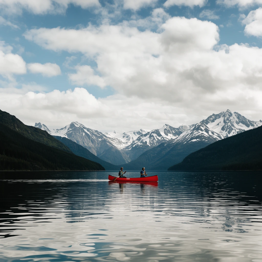 bright red canoe with two paddlers navigating a vast rippling lake, dark forested mountain slopes framing the water, majestic snow-capped alpine peaks in the distance, expansive cloudy sky, calm reflective dark water, wide-angle landscape photography, natural daylight