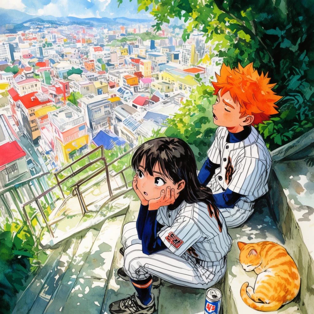 Two young baseball players rest on shaded outdoor stone stairs overlooking a vibrant, sprawling cityscape. The illustration, rendered in a dynamic watercolor anime style, features a boy with spiky orange hair leaning back and a girl with dark hair sitting below him, resting her chin on her hands. Both wear striped uniforms and appear exhausted. An orange tabby cat sleeps near a drink can on the steps. Lush green foliage frames the right side, casting dappled sunlight across the scene, contrasting with the high-angle view of the brightly colored town below.