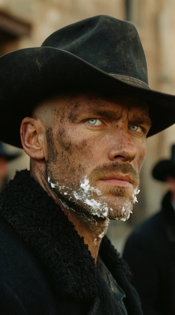 extreme close-up portrait of a rugged man with striking pale blue eyes, dirt-smeared weathered skin, half-shaved face with coarse stubble and white shaving cream on the lower jawline, intense stoic expression, dark wide-brimmed cowboy hat, black coat with thick textured wool collar, cinematic 35mm film aesthetic, shallow depth of field, blurred earthy background with soft architectural shapes, partial silhouettes of figures in hats on frame edges, naturalistic lighting, rich film grain