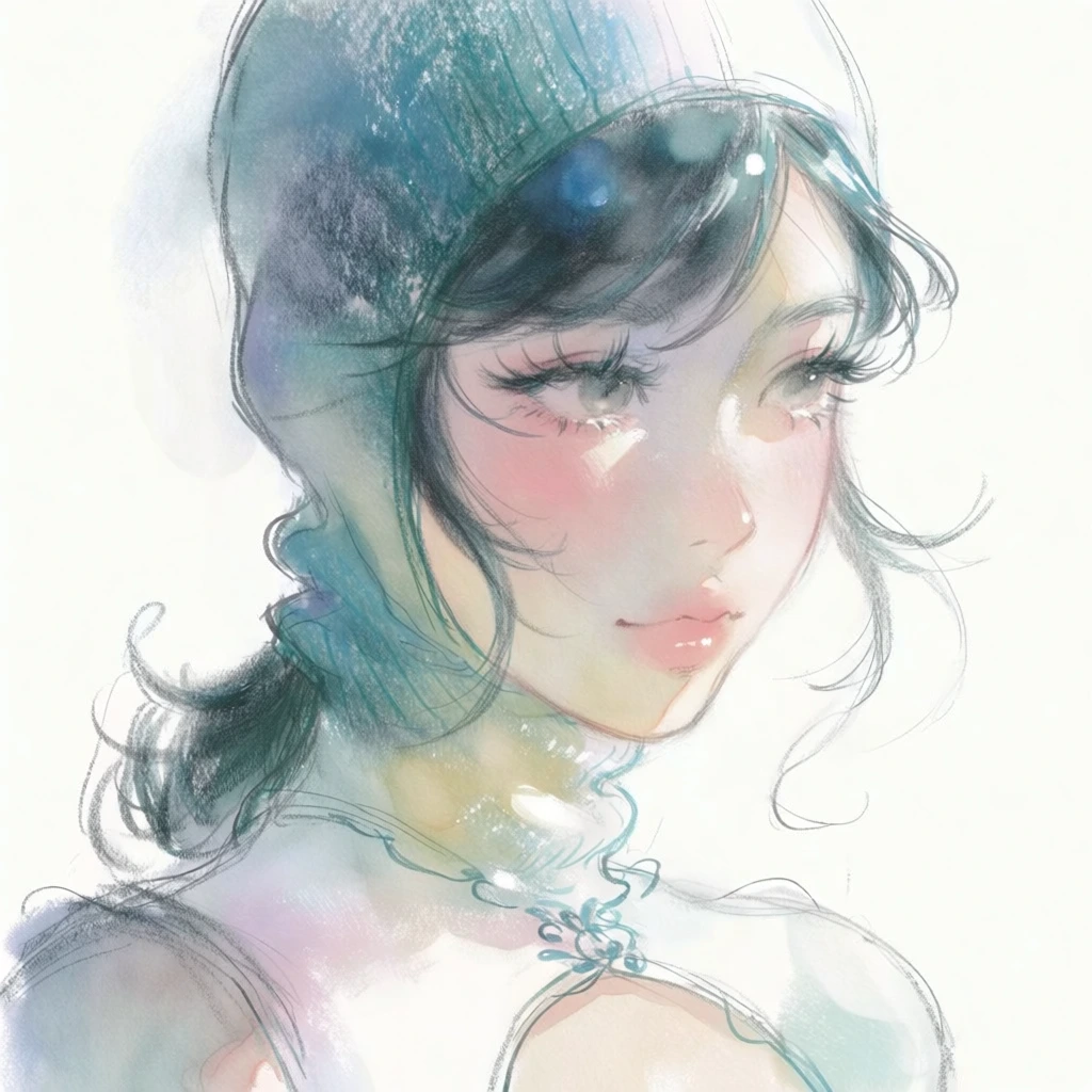 ethereal watercolor and pencil sketch style, single woman wearing a sleek balaclava and a detailed cutout top, prominent long dark eyelashes, high-key diffused lighting, soft pastel color palette with delicate pink blush and muted teal accents, visible charcoal-like textures and hazy brushstrokes, dreamlike atmosphere, minimalist ivory background, intimate close-up composition, delicate hand-drawn aesthetic, fine line work, soft gradients, painterly texture