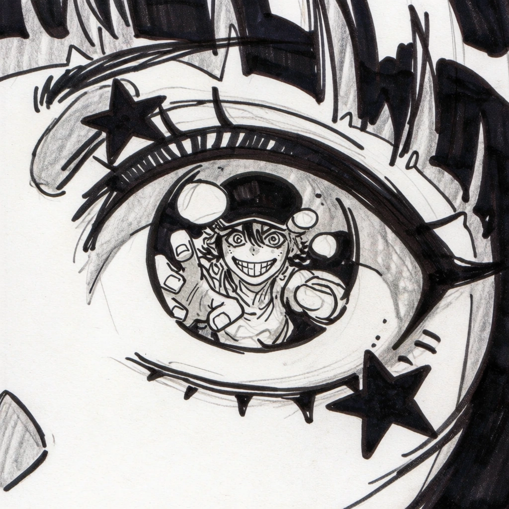 A high-contrast pencil and ink sketch depicts a close-up of a character's face, focusing on their large eye which reflects a smaller, grinning figure. The drawing is an extreme close-up, showing a large, oval-shaped eye framed by heavy black lines, the bridge of a nose, and the hint of a mouth at the bottom. Small, five-pointed stars are drawn on the skin, one positioned above the eye and one below it. Inside the reflection of the eye, a small character is rendered with an exaggerated, wide grin showing sharp, triangular teeth and narrowed, intense eyes. This reflected figure wears a dark cap and is depicted in a dynamic pose, appearing to reach or point forward. The hair above the main eye is illustrated with jagged, vertical pencil strokes and rough shading. The entire piece is created on white textured paper, utilizing bold black ink or heavy graphite for deep shadows and delicate pencil lines for mid-tones. The shading consists of dense cross-hatching and solid black fills, typical of a manga or anime artistic style. The drawing is shown from a slightly angled perspective, with the edges of the sketchbook page and a dark background shadow visible at the periphery.