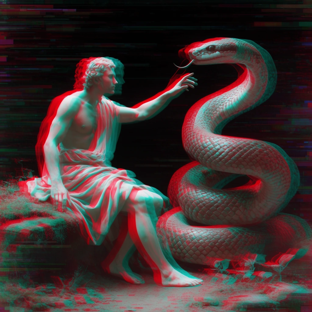 seated figure reaching toward large coiled snake, striking red and cyan anaglyph 3D glitch effect, dark background with horizontal digital artifacts, chromatic aberration