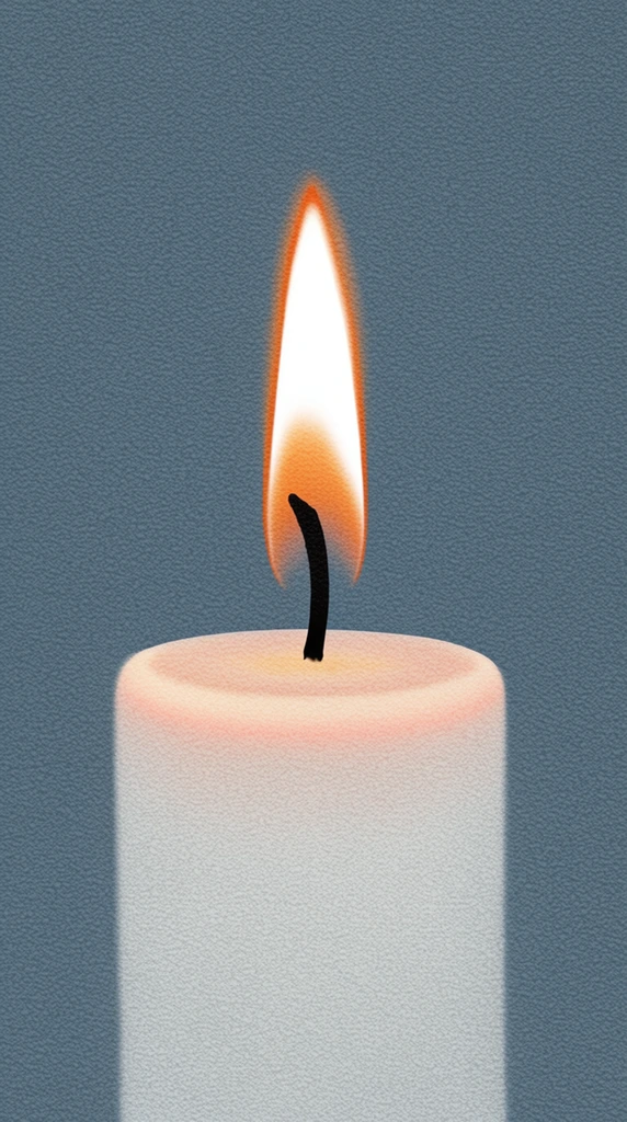 A surreal minimalist illustration of a detached candle flame suspended high above a thick, cylindrical white candle base. The floating flame is teardrop-shaped with a brilliant white core, a warm orange halo, and a disconnected black wick at its base. Below, the flat top of the wide candle pillar emanates a soft glow tinted with subtle peach hues. The perfectly centered composition is set against a flat, muted slate blue background. A heavy, uniform stippled texture covers the entire image, creating a tactile, grainy aesthetic reminiscent of rough canvas.