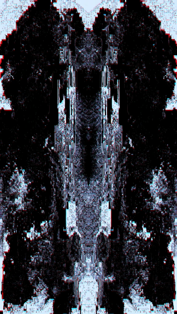 heavy digital glitch aesthetic, extreme pixelation, crt monitor moiré, intense rgb chromatic aberration, color fringing, scanline dithering, vertical and horizontal symmetry, mirrored composition, dark high-contrast atmosphere, muted lavender and electric blue highlights, lo-fi data corruption texture, analog signal interference, extreme close-up portrait of a hooded face, eyes obscured by a sharp horizontal bar of light, crushed blacks, vibrant digital noise