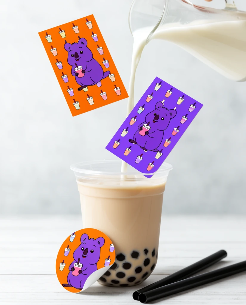 A clear plastic cup of bubble tea with black tapioca pearls rests on a white wooden surface as milk pours in from a glass pitcher above. Two floating rectangular cards, one orange and one purple, hover diagonally over the beverage. A matching circular sticker peels away from the cup exterior. The cards and sticker display an illustration of a smiling purple cartoon quokka holding a pink drink, with the orange card adding a grid of small cup icons. Two black straws lie nearby against a brightly lit, blurred pale gray studio background.