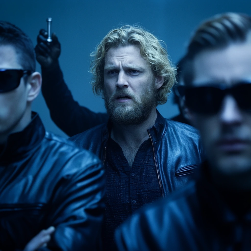 A bearded man with wavy blond hair and a tense expression stands in sharp midground focus, wearing a black leather jacket over a dark textured shirt. Blurred in the foreground are partial profiles of multiple figures in dark sunglasses and black jackets. Behind the central man, a shadowy hand holds a small metallic object. The cinematic scene features a monochromatic cold blue color palette, shallow depth of field, anamorphic widescreen framing, and high-contrast dramatic lighting.