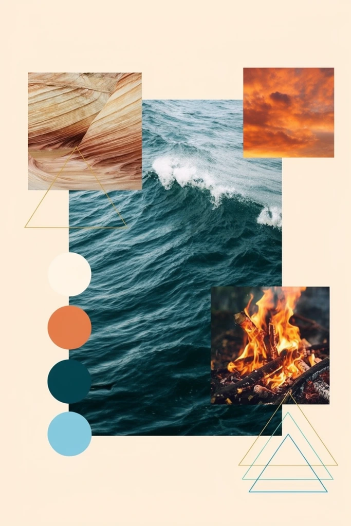 A digital collage on a pale cream background centers on a large vertical photograph of a dark teal ocean wave, surrounded by smaller textured images and geometric graphics. Overlapping the central rippling water and cresting whitecap are three distinct square and rectangular photographic crops: wavy beige geological strata on the top left, dramatic orange sunset clouds on the top right, and a close-up of a glowing campfire with charred wood on the bottom right. A vertical stack of four solid-color circles—off-white, muted orange, dark teal, and light blue—borders the left side of the ocean scene. Thin line-art triangles in gold, teal, and blue are superimposed across the elemental photographs and the lower right background space. The minimalist layout contrasts organic textures of water, earth, sky, and fire with precise flat graphic shapes and a harmonious warm-cool color palette.