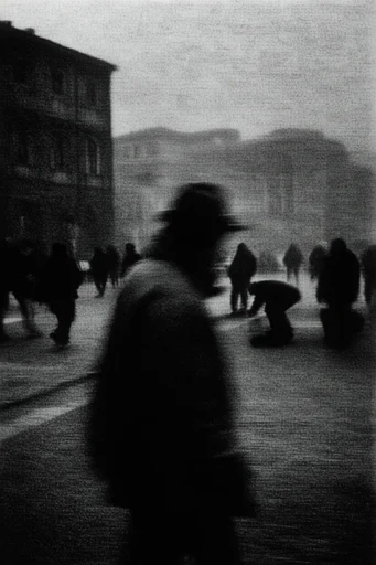 Atmospheric Motion Noir style reference image — heavy film grain