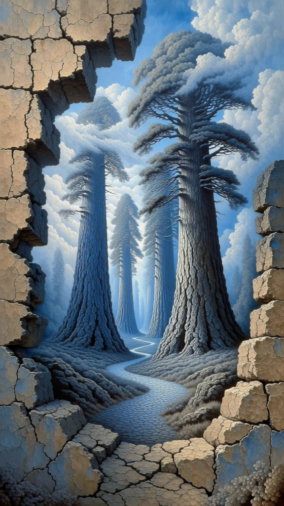 surrealist cinematic wide shot, giant sequoia trees in a national park with a winding path between them seen through a jagged opening in a weathered cracked stone wall, dream-like metaphysical atmosphere, soft ethereal lighting, infinite perspective, intricate textures of ancient stone and rough bark, muted cool blue and warm beige color palette, misty clouds weaving through the canopy, painterly realism, highly detailed, zen-like tranquility, 8k resolution, ethereal glow.