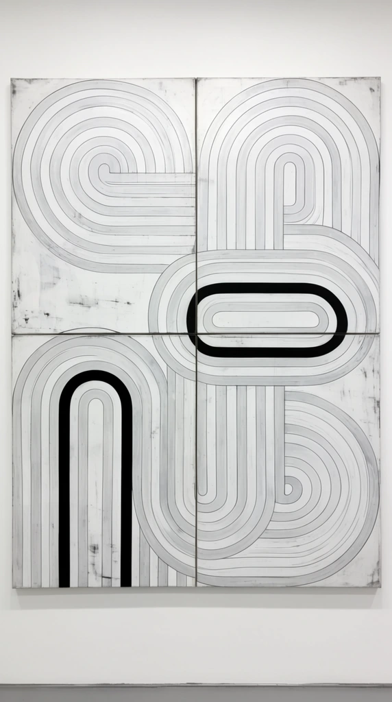 large geometric abstract painting on a white gallery wall, monochromatic white and light grey pattern of concentric tubular bands, interlocking U-shapes and S-curves defined by thin black outlines, four joined quadrant panels, visually interrupted by two thick solid black curved bands, one inverted U-shape on the lower left, one elongated horizontal U-shape across the center right, visible surface smudges and distressed textures contrasting with the precise geometry, minimalist style, flat composition, soft lighting, sliver of grey baseboard at the bottom