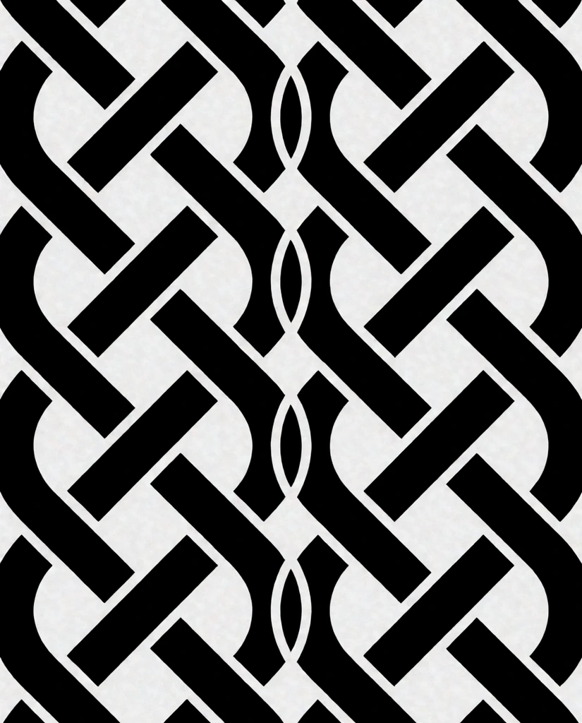 A high-contrast geometric pattern features thick, solid black interlaced lines against a subtly textured off-white background. Repeating interlocking loops form a stylized woven structure resembling complex infinity knots. Undulating vertical curves cross over and under one another, utilizing precise negative space gaps to create a striking optical illusion of overlapping depth. The minimalist graphic design relies entirely on flat monochromatic shapes, bold rhythmic symmetry, and sharply defined edges.