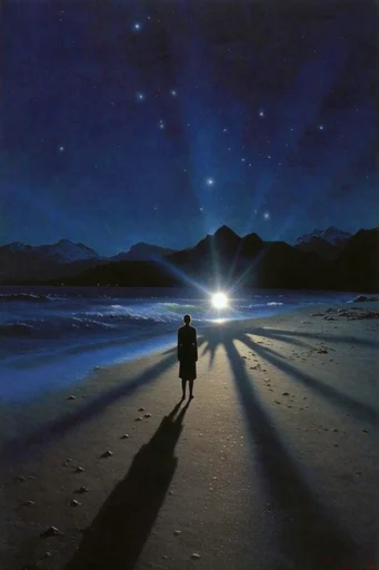 Luminous Nocturnal Surrealism style reference image — deep indigo and cobalt palette