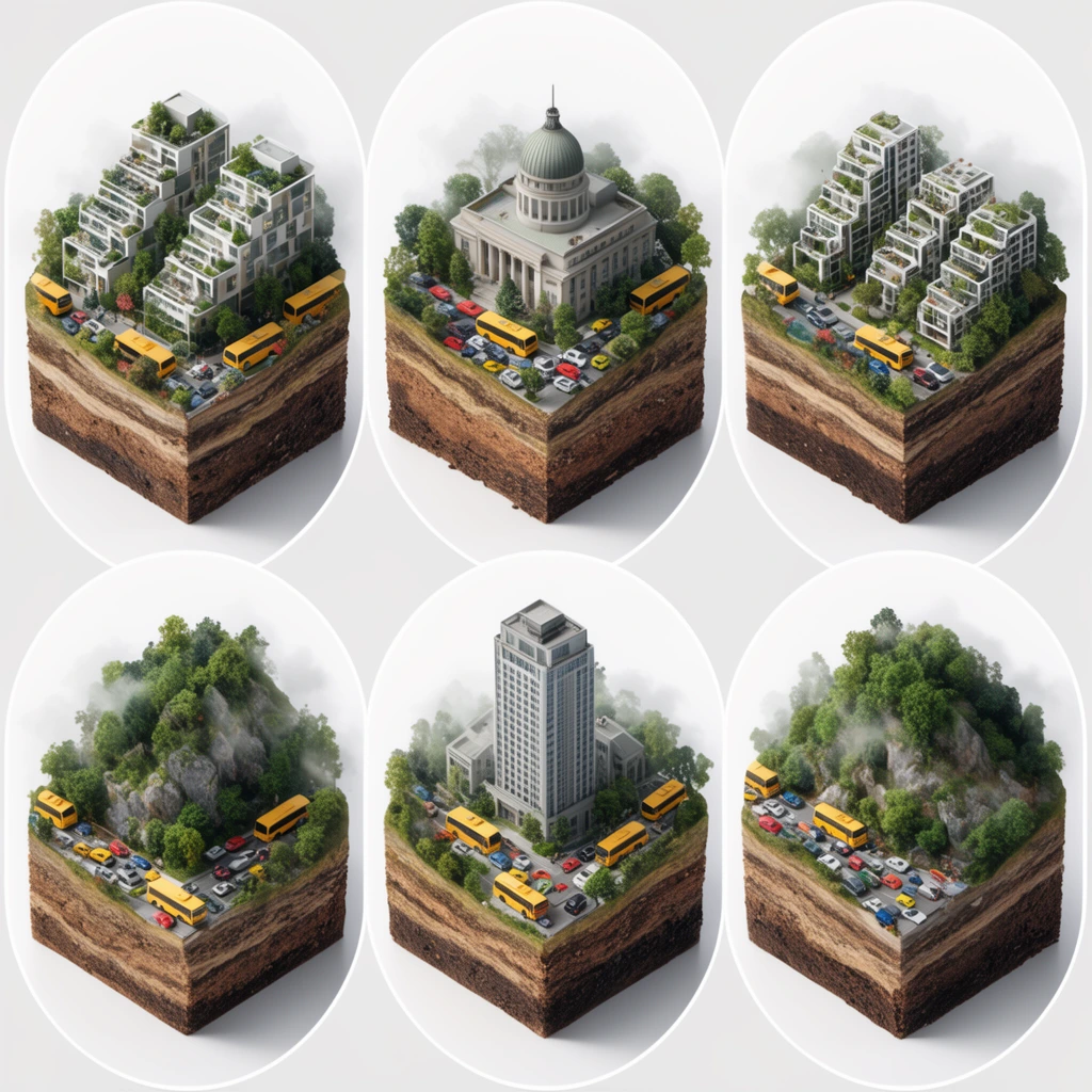 Six isometric 3D miniature dioramas arranged in a grid on a pristine white background. Each circular vignette features a cubic cross-section of layered brown soil topped with diverse urban landscapes, including modern terraced apartments, a domed civic building, a tall skyscraper, and a forested rocky hill. Miniature paved roads are congested with tiny yellow buses and colorful cars amidst green trees and wisps of fog. The hyper-realistic architectural rendering utilizes crisp studio lighting and precise micro-detailing.