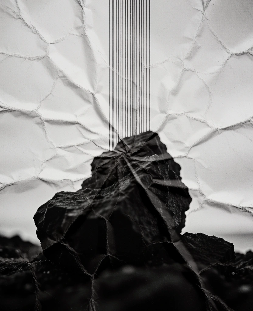 high contrast black and white photograph, jagged rock formation in the foreground with a cluster of vertical straight lines extending upward from its peak, heavily distressed crumpled paper texture, deep radial creases and cracks emanating from the rock's summit, dramatic side lighting with deep noir shadows, grainy analog film aesthetic, tactile surface with physical folds, minimalist composition, avant-garde editorial style, raw moody atmosphere
